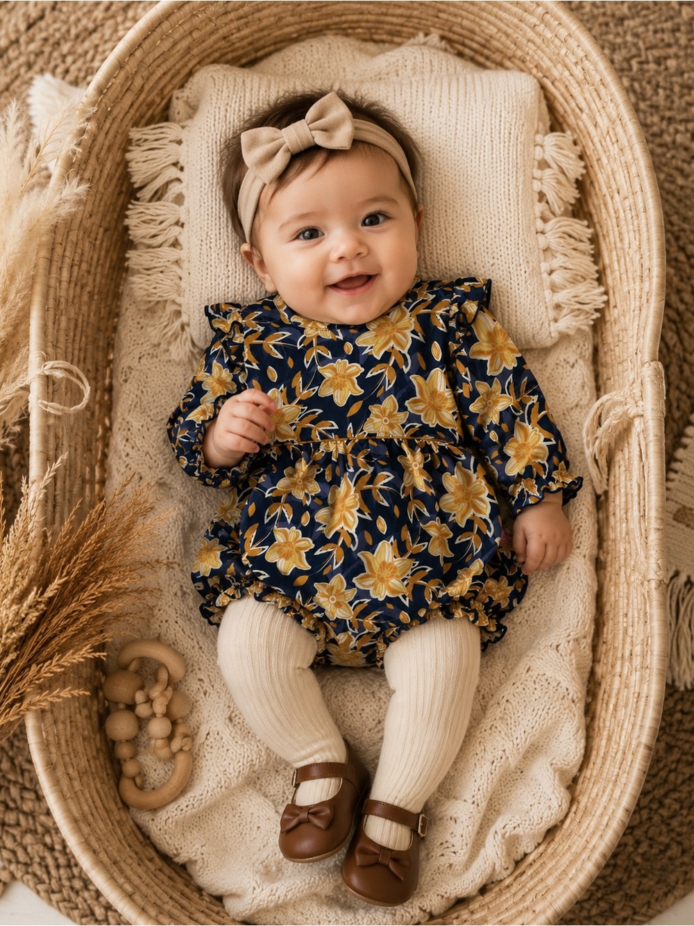 RuffleButts Baby Girl Floral Ruffle Romper Navy Mustard 6-12 Months Long Sleeve
